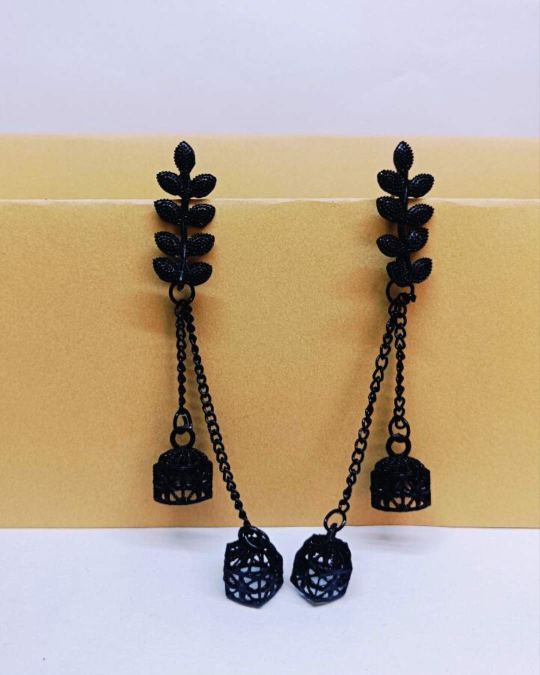 Matte Black Leaf Chain Jhumka for Women | Lightweight Ethnic Earrings | Wedding, Party Look