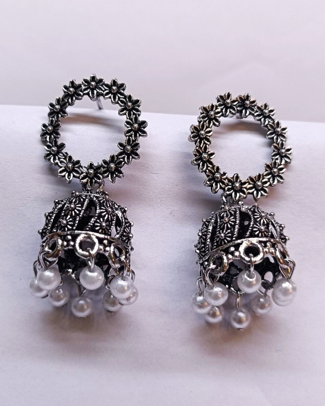 Oxidized Silver Pearl Drop Floral Jhumka for Women | Light Weight | Festive Wear