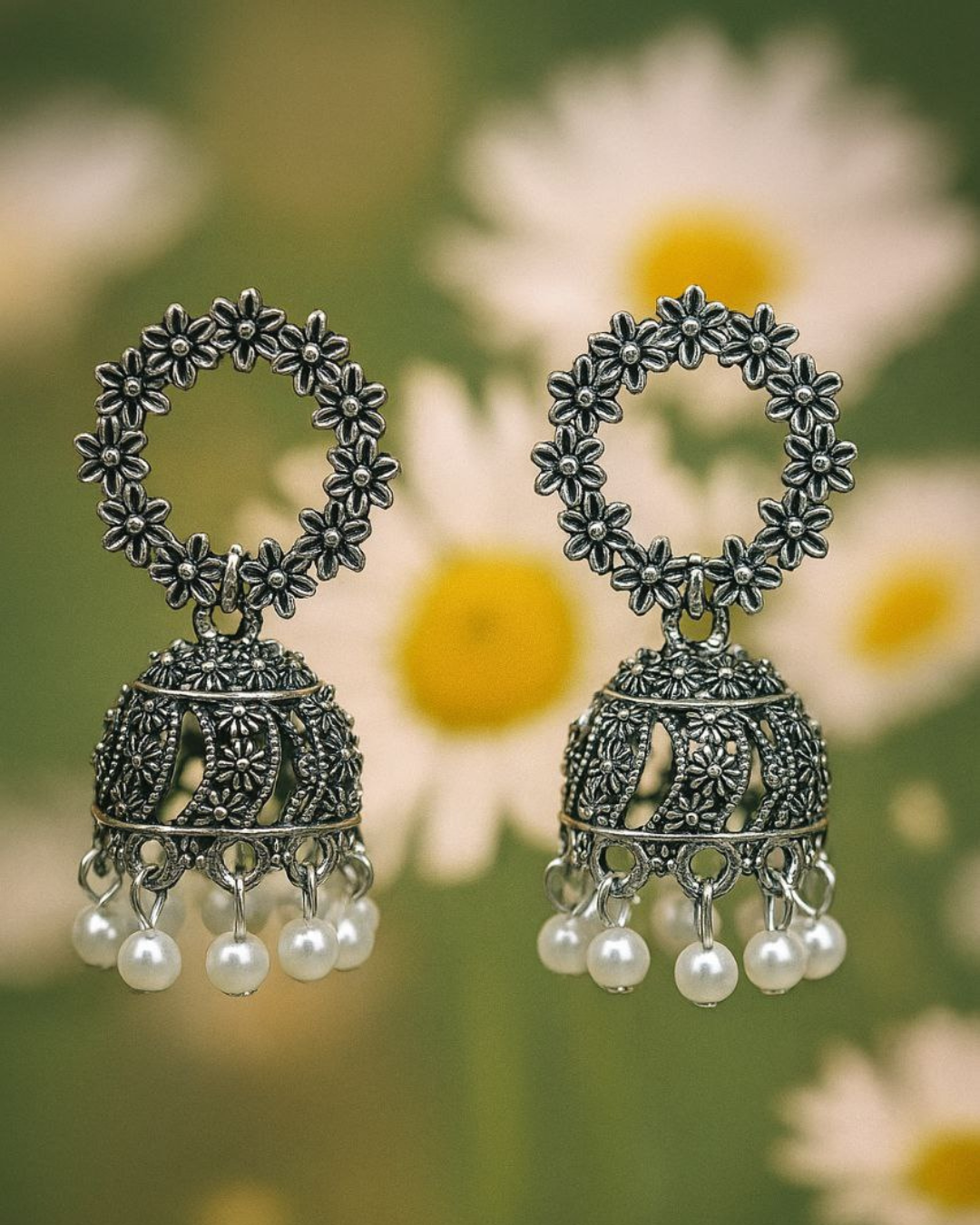Oxidized Silver Pearl Drop Floral Jhumka for Women | Light Weight | Festive Wear