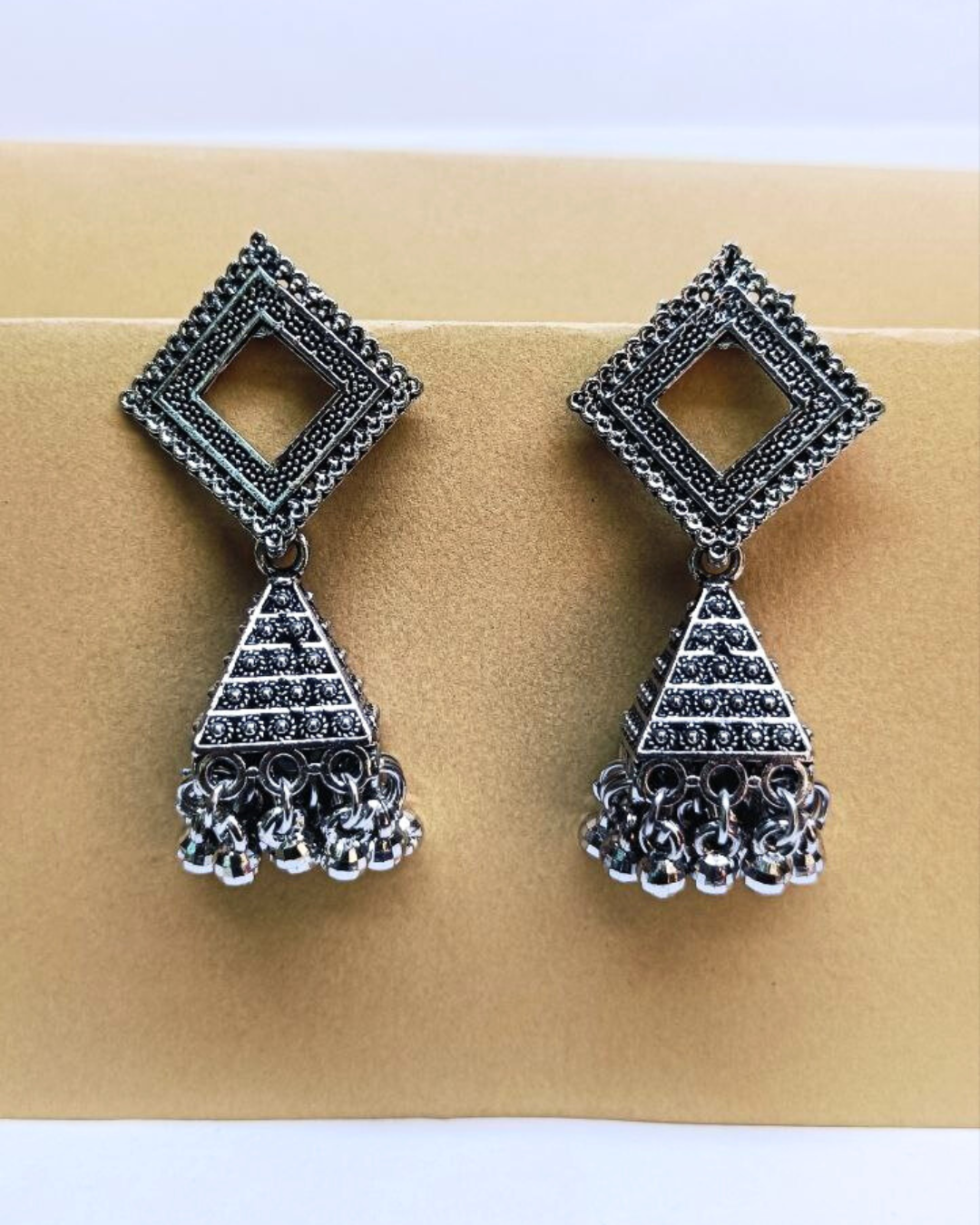 Oxidized Silver Geometric Jhumka for Women | Lightweight Ethnic Earrings | Wedding, Festival Wear