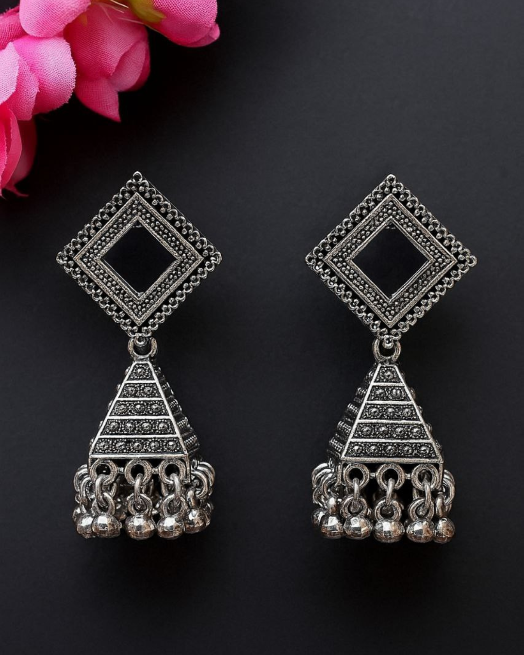 Oxidized Silver Geometric Jhumka for Women | Lightweight Ethnic Earrings | Wedding, Festival Wear