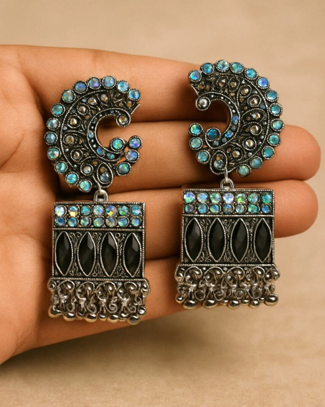 Colorful Crescent Oxidized Earrings | Festive Statement | Unique Design