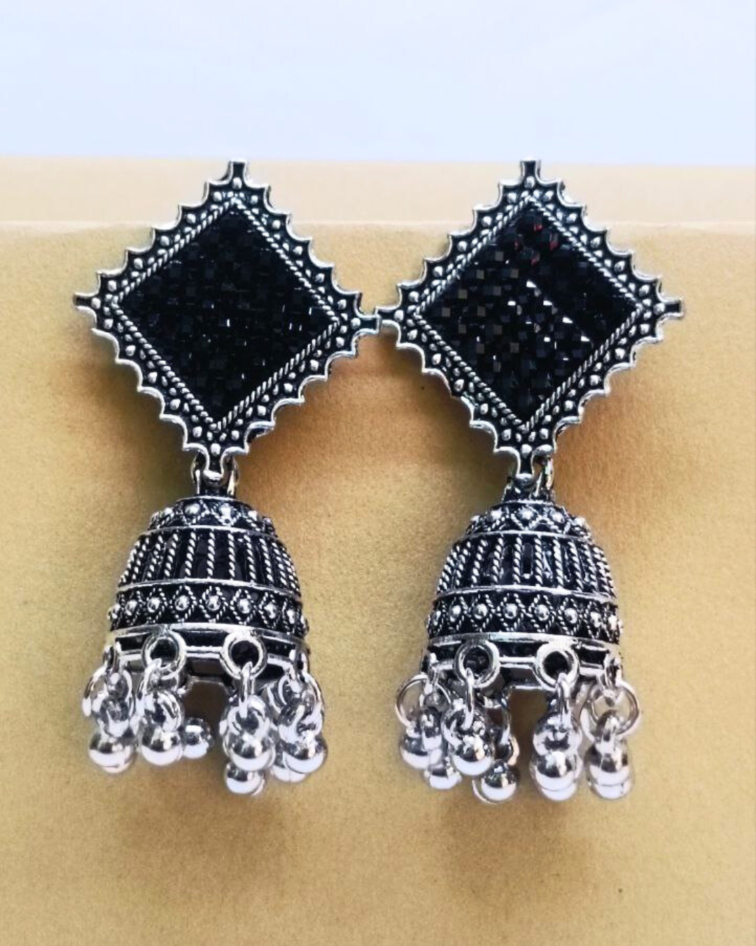 Oxidized Silver Geometric Dome Jhumka for Women | Lightweight Ethnic Earrings | Wedding, Festival Wear