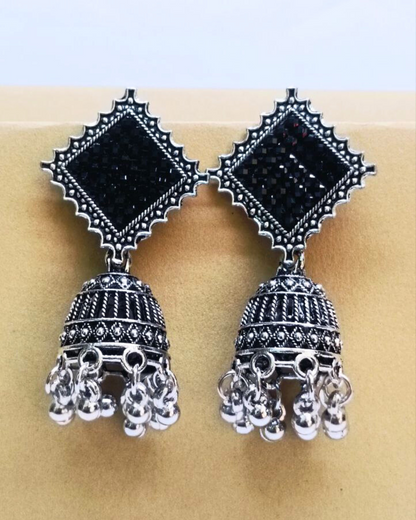 Oxidized Silver Geometric Dome Jhumka for Women | Lightweight Ethnic Earrings | Wedding, Festival Wear