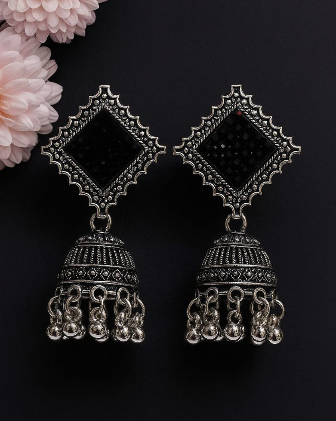 Oxidized Silver Geometric Dome Jhumka for Women | Lightweight Ethnic Earrings | Wedding, Festival Wear