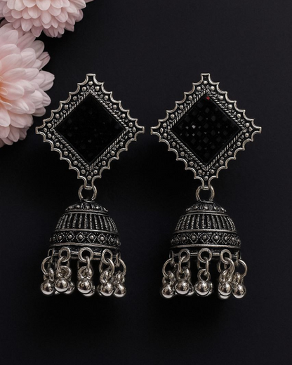 Oxidized Silver Geometric Dome Jhumka for Women | Lightweight Ethnic Earrings | Wedding, Festival Wear