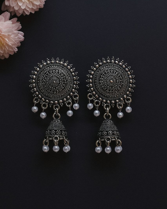 Oxidized Silver Round Pearl Jhumka for Women | Handcrafted Earrings | Wedding, Festive Wear