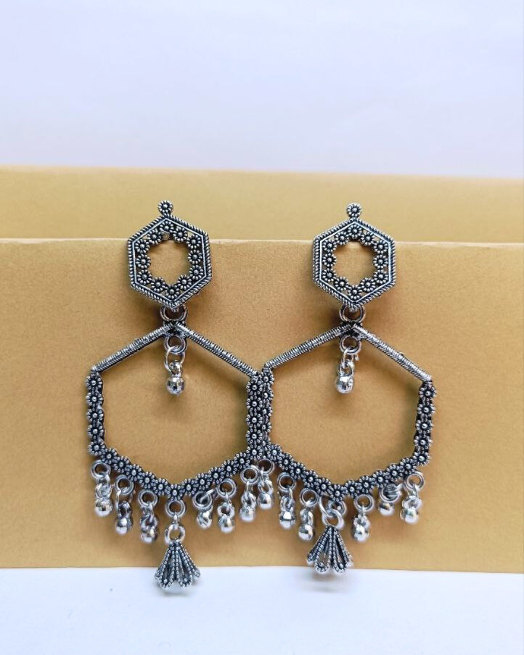 Oxidized Silver Hexagon Jhumka for Women | Lightweight Ethnic Earrings | Wedding, Festive Look