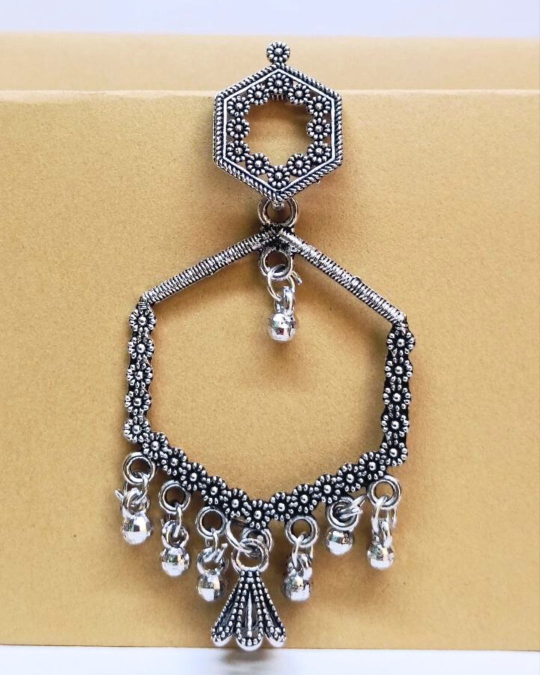 Oxidized Silver Hexagon Jhumka for Women | Lightweight Ethnic Earrings | Wedding, Festive Look