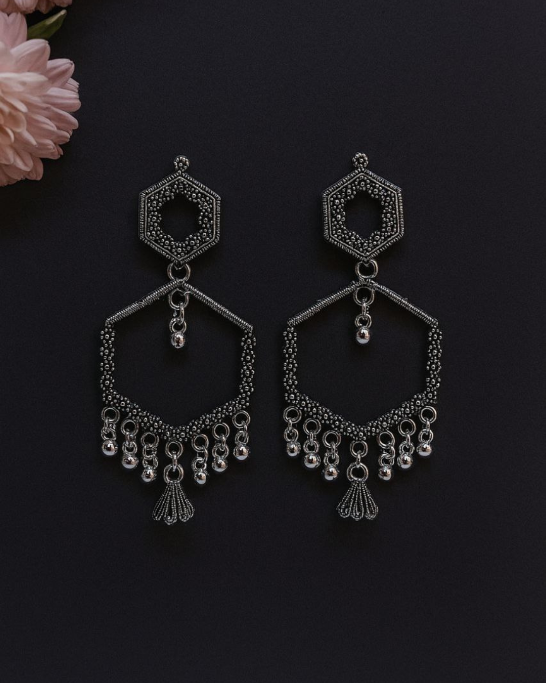Oxidized Silver Hexagon Jhumka for Women | Lightweight Ethnic Earrings | Wedding, Festive Look