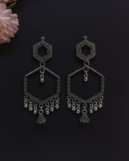 Oxidized Silver Hexagon Jhumka for Women | Lightweight Ethnic Earrings | Wedding, Festive Look