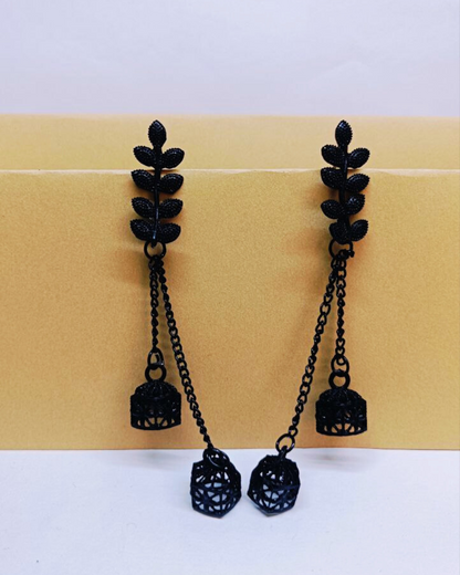 Matte Black Leaf Chain Jhumka for Women | Lightweight Ethnic Earrings | Wedding, Party Look