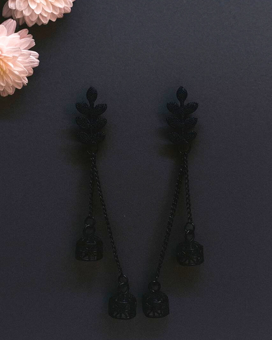 Matte Black Leaf Chain Jhumka for Women | Lightweight Ethnic Earrings | Wedding, Party Look