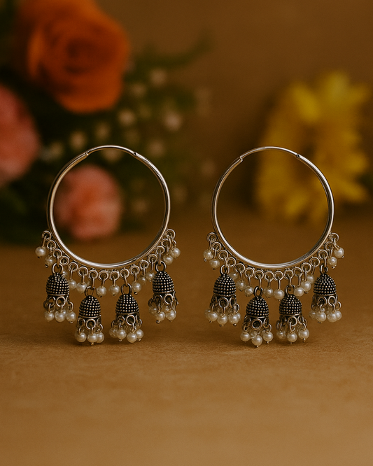 Round Silver Hoop Traditional Jhumka for Women | Pearl Danglers | Festive & Daily Wear