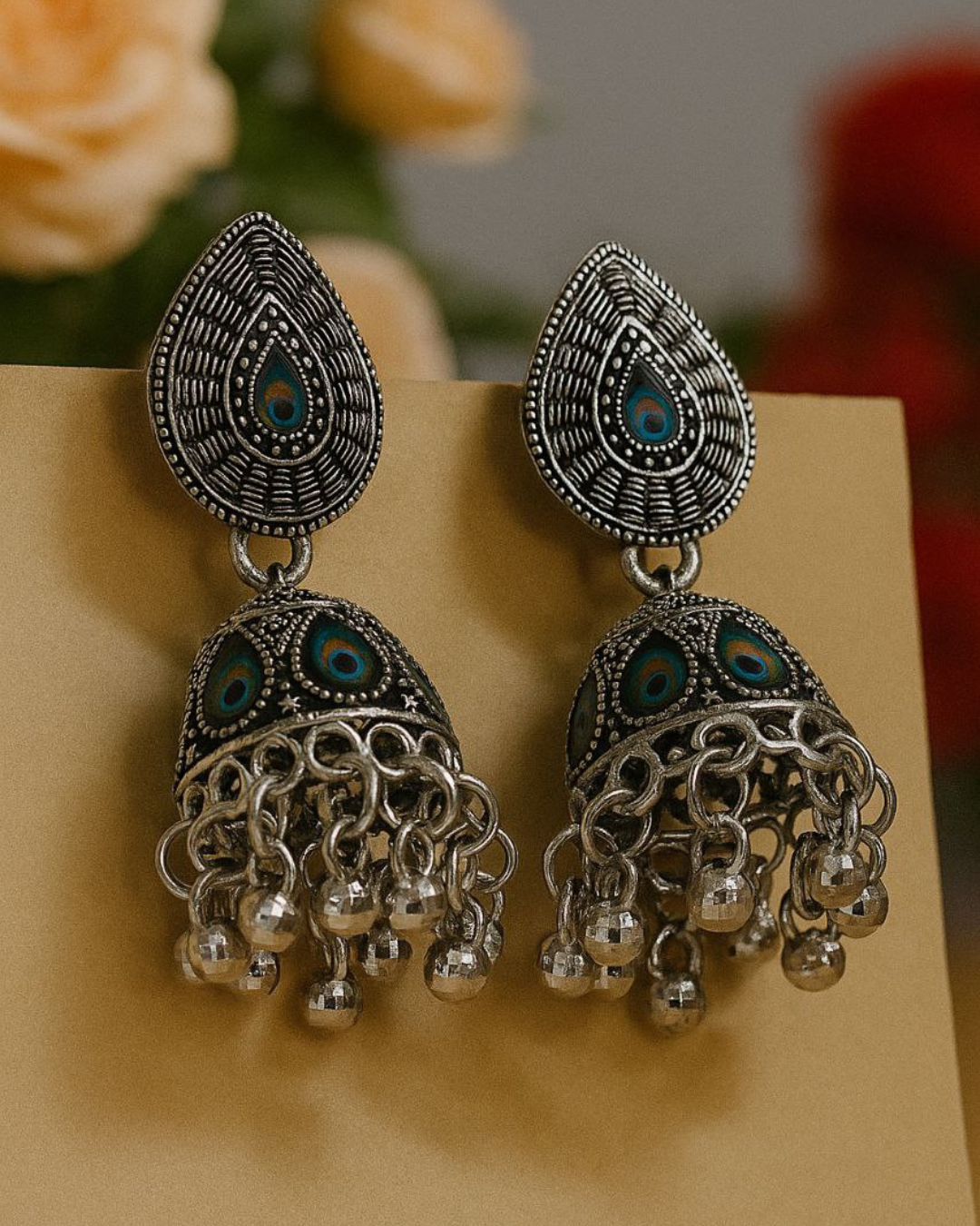 Handmade Oxidized Jhumka for Women | With Peacock Stud | Lightweight Jhumka