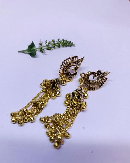 Golden Peacock Drop Jhumka for Women | Tassel Chains | Festive Wear | Lightweight