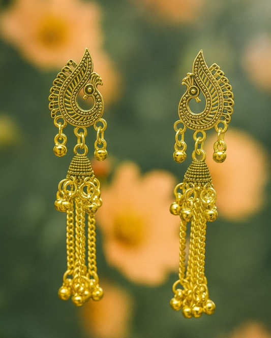 Golden Peacock Drop Jhumka for Women | Tassel Chains | Festive Wear | Lightweight
