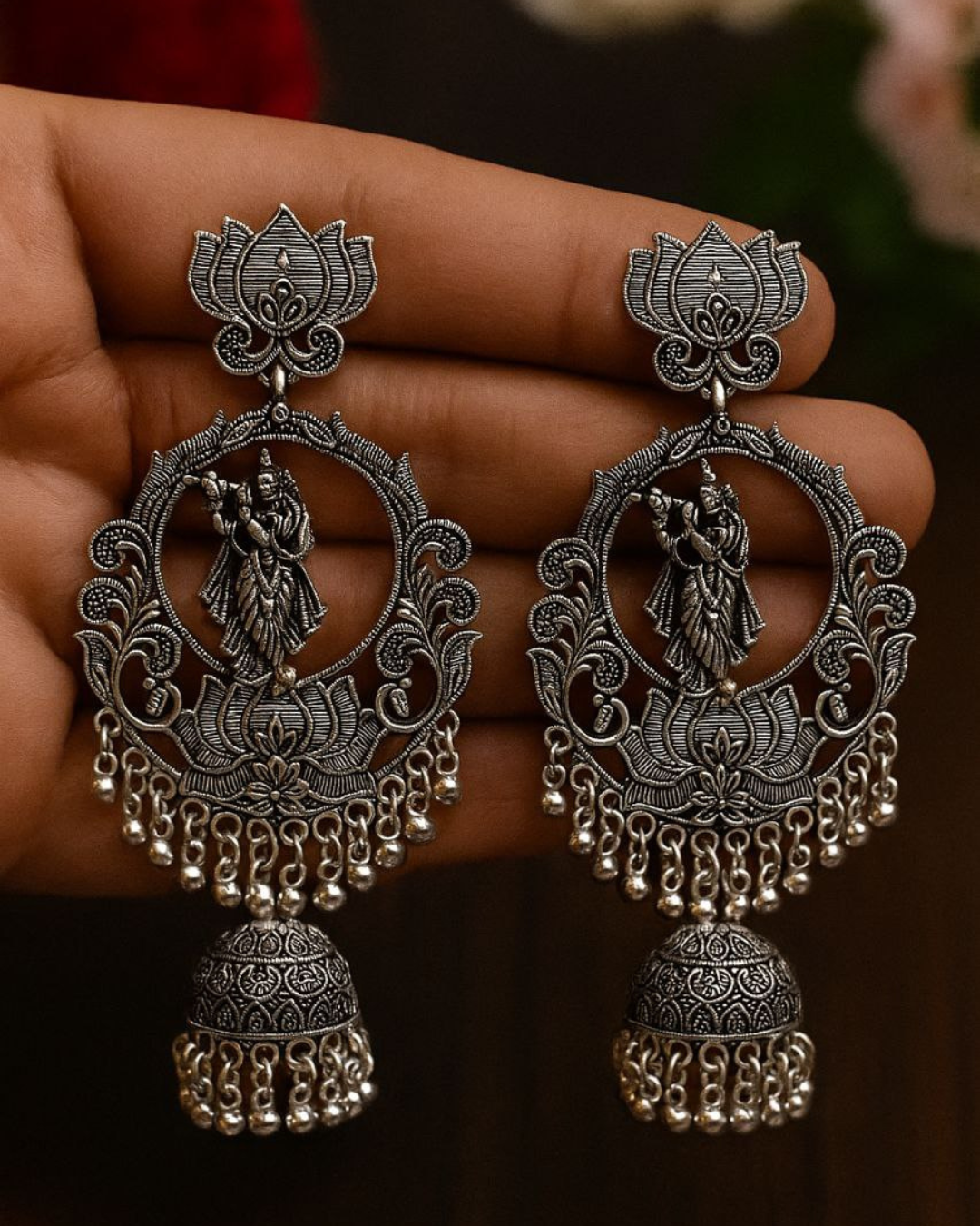 Traditional Radha Krishna Design Oxidized Jhumka for Women | Temple Jewelry | Anti Tarnish
