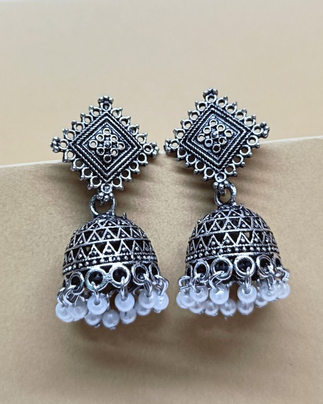 Antique Finish Oxidized Silver Jhumka Earrings | Geometric Top with Pearl Drop | Tribal Chic