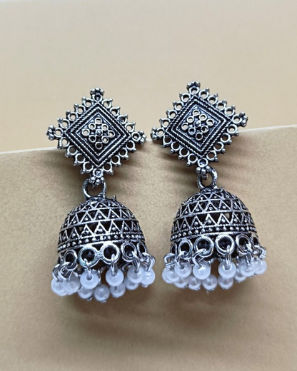 Antique Finish Oxidized Silver Jhumka Earrings | Geometric Top with Pearl Drop | Tribal Chic