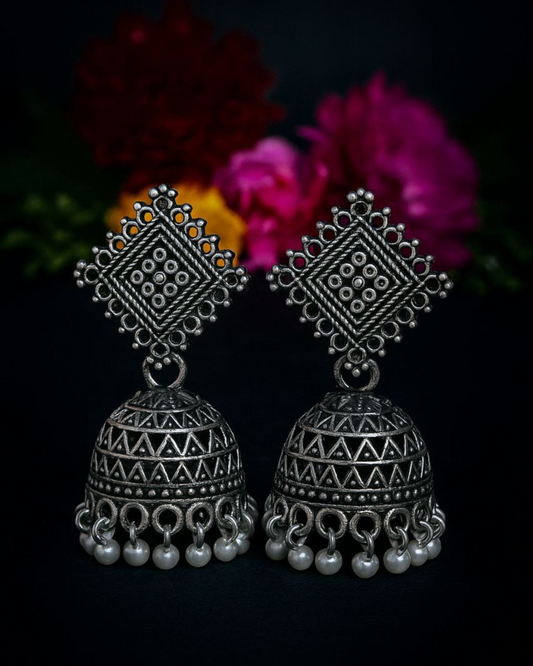 Antique Finish Oxidized Silver Jhumka Earrings | Geometric Top with Pearl Drop | Tribal Chic