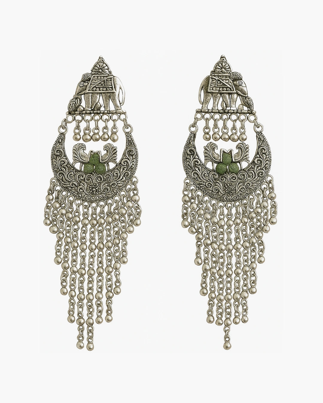 Royal Elephant Long Oxidised Earrings | Traditional Antique Jewellery for Women