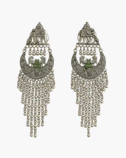 Royal Elephant Long Oxidised Earrings | Traditional Antique Jewellery for Women