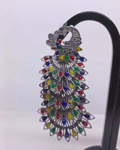 Oxidized Silver Peacock Jhumka with Multicolor feather for Women | Multicolor Enamel | Festive Wear